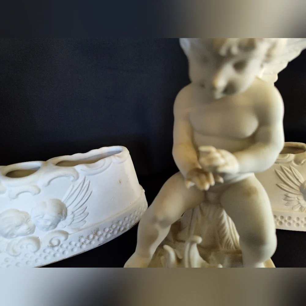 Rare German Bisque Cherub Putti Set w/ Flower Frogs 🖤Holiday Mantle Centerpiece